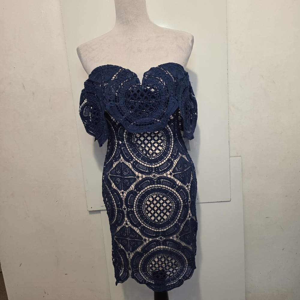 Lulus Women's M Navy Blue Crochet Lace Off Shoulder Bodycon Dress NWT